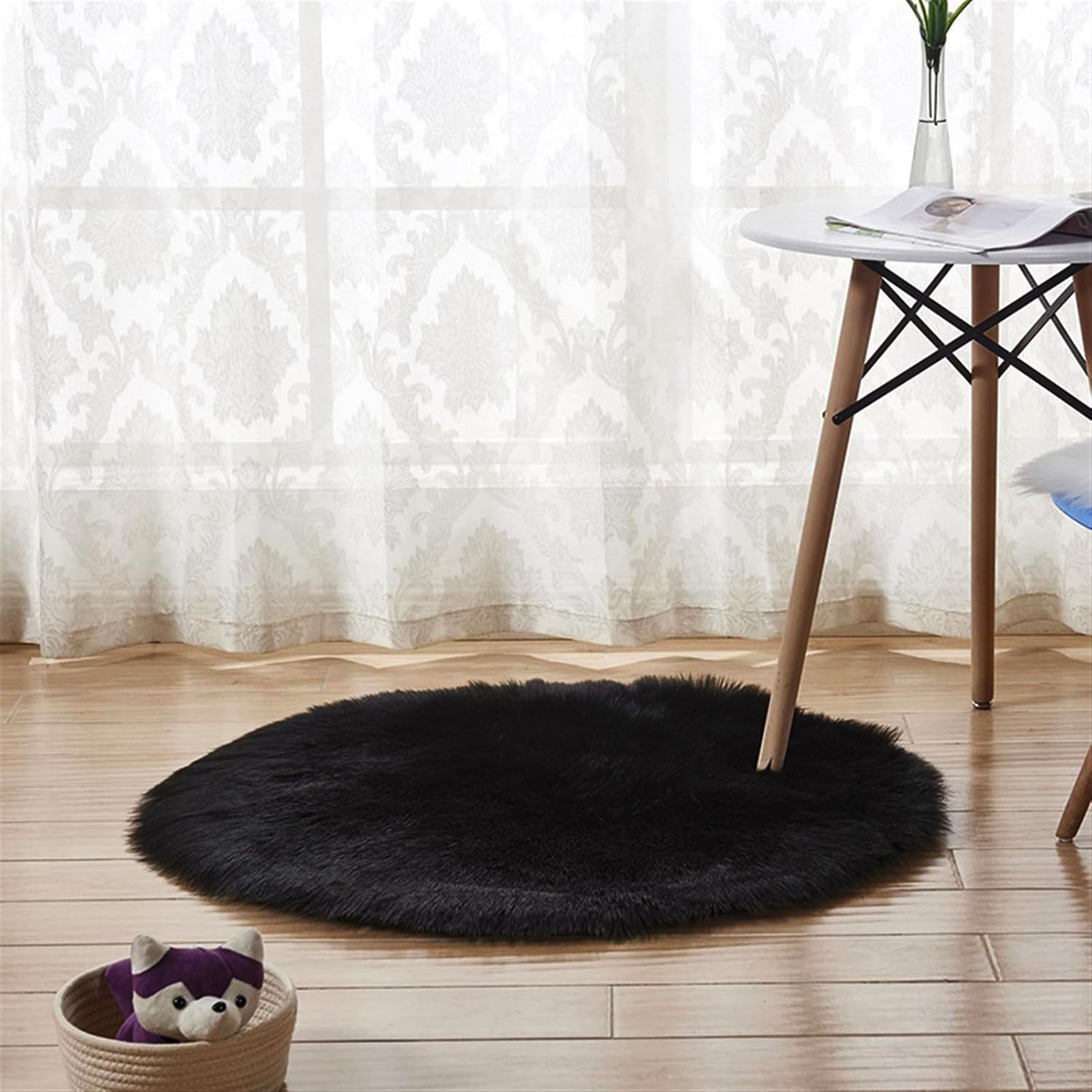 Black Furry Round Rug 90x90cm