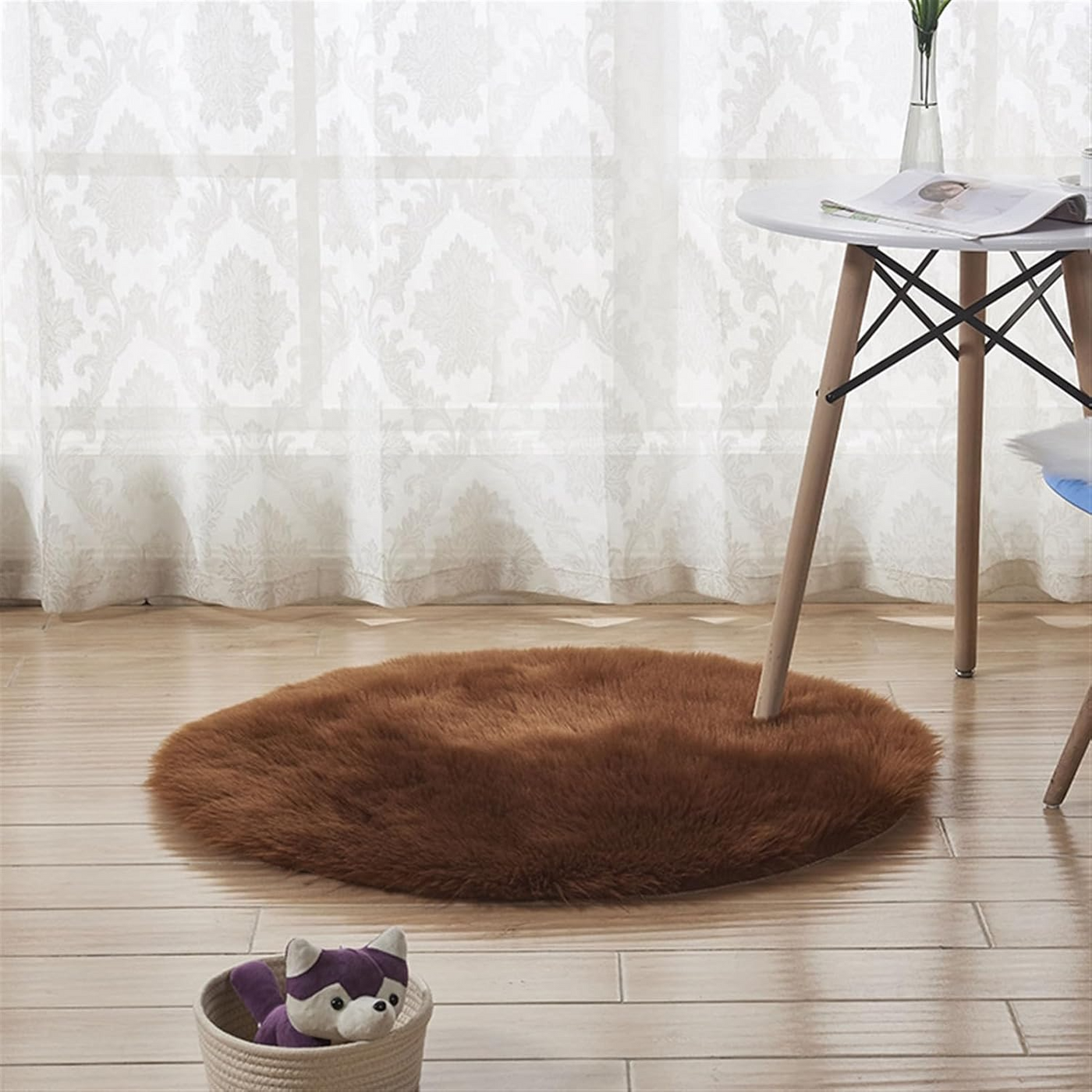 Brown Furry Round Rug 90x90cm