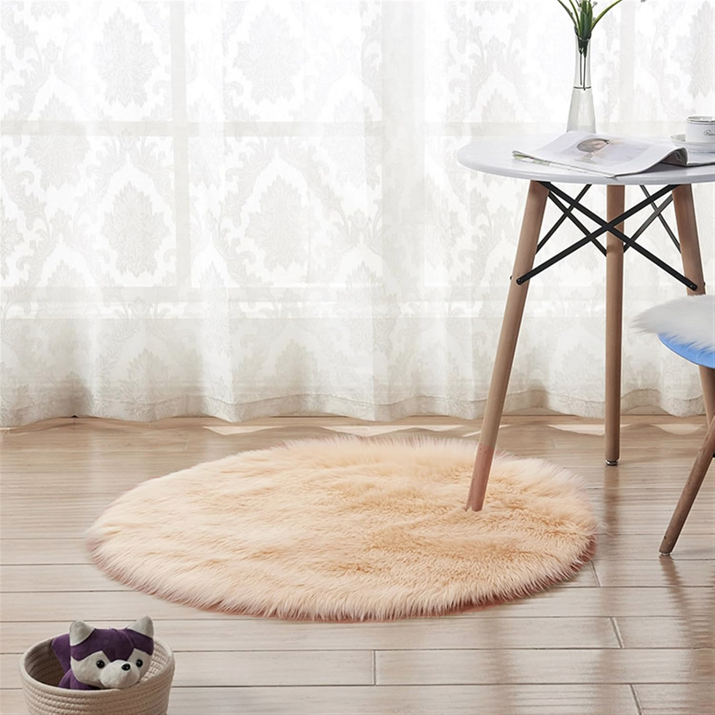 Beige Furry Round Rug 90x90cm